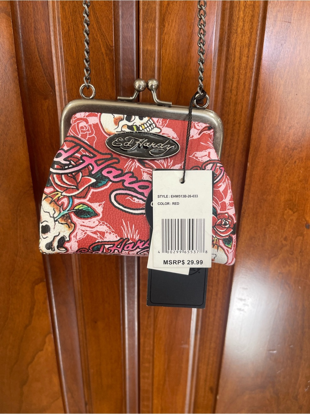 Ed Hardy Red Floral Skull Kiss-Lock Coin Purse with Chain Strap